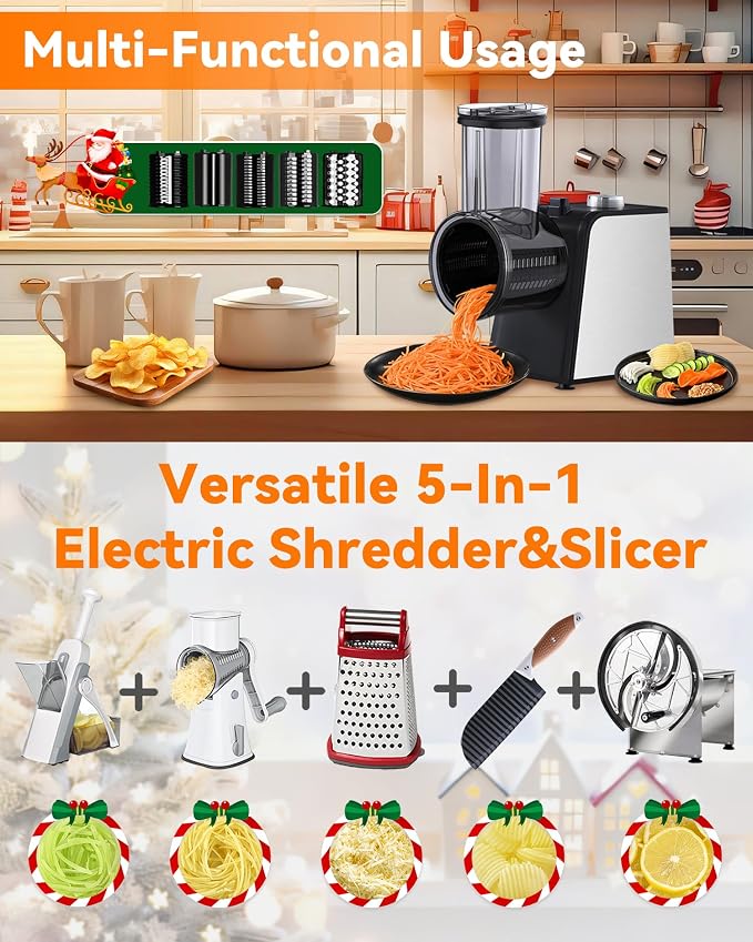 5-In-1 Electric Cheese Grater: [800W Advanced Motor] Upgraded Cheese Grater with 5-Interchangeable Blades, Peelers Cleaning Brush&Gloves as Gifts, Salad Shooter Electric for Cheese, Fruits (Black N3)