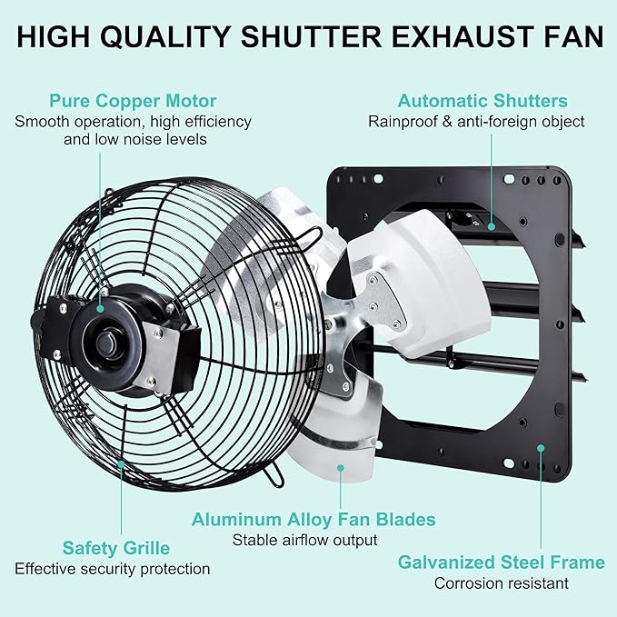 7 Inch Shutter Exhaust Fan for Greenhouse, Shed, Garage, Barn, Chicken Coop Ventilation, Wall Mount Attic Fan with Speed Controller and Power Cord, 760 CFM, Black