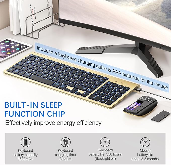 Wireless Keyboard and Mouse Ultra Slim Combo, TopMate 2.4G Silent Compact USB 2400DPI Mouse and Scissor Switch Backlit Keyboard Set, for PC/Laptop/Windows/Mac/Gaming - Gold Black