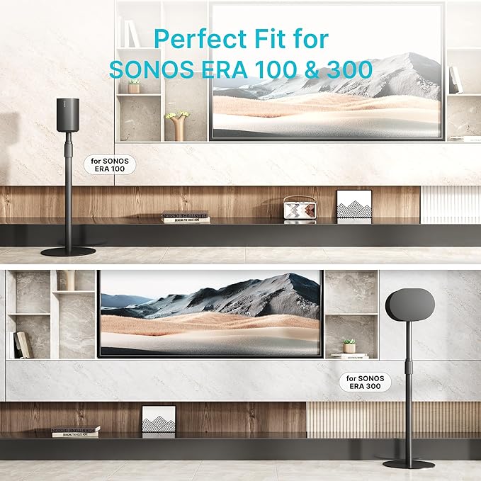PEGZONE 26.9"-42.6" Height Adjustable Speaker Stands Compatible with SONOS Era 300 and Era 100, Floor Stands with Cable Management, Speaker Mount, Black, 2 Pack (Pair)