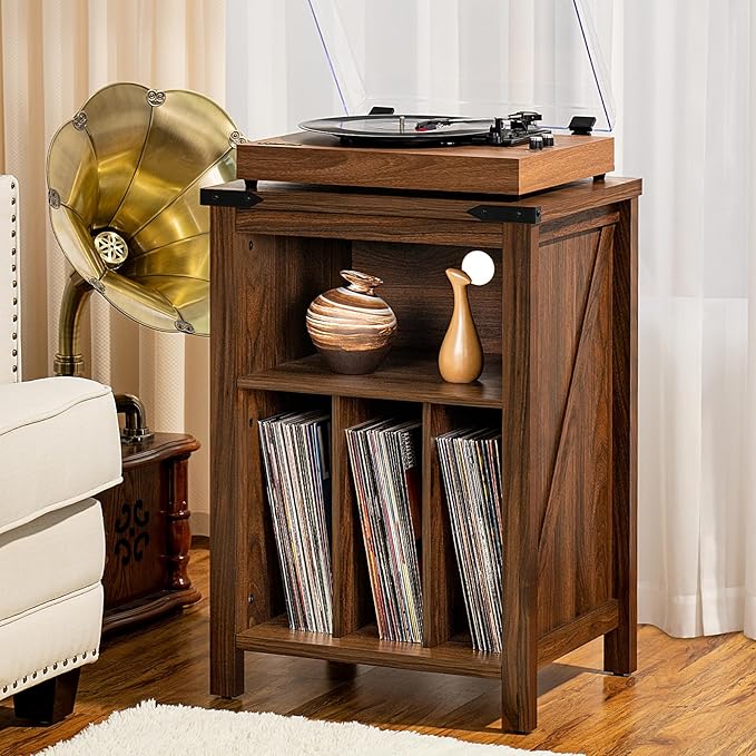 Joaxswe Record Player Stand with Vinyl Record Storage,Rustic Brown Record Player Table Holds up to 160 Albums,Large Wood Turntable Stand Cabinet Dispaly Shelf for Living Room,Bedroom,Office