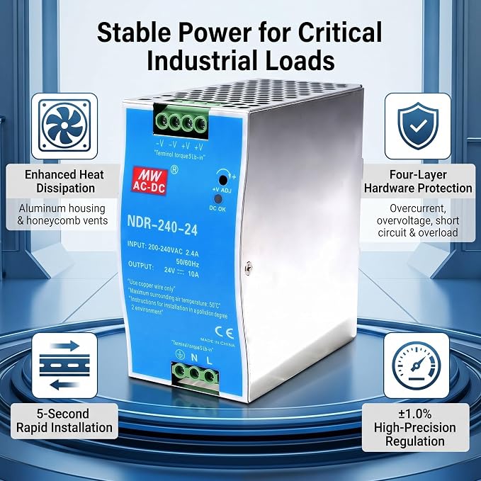 ZPSHYD ZPSHYD DIN Rail Power Supply, 240W 24V 10A Industrial AC to DC Converter Multiple Protections 100-220V Input for LED Lighting, CCTV, 3D Printer, CNC Machine