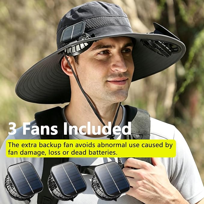 Solar Fan Hat Wide Brim Sun Hat with 3 Solar Fan, Outdoor Bucket Hats for Men Women UPF 50+ Fishing Beach Hiking Bucket Hat
