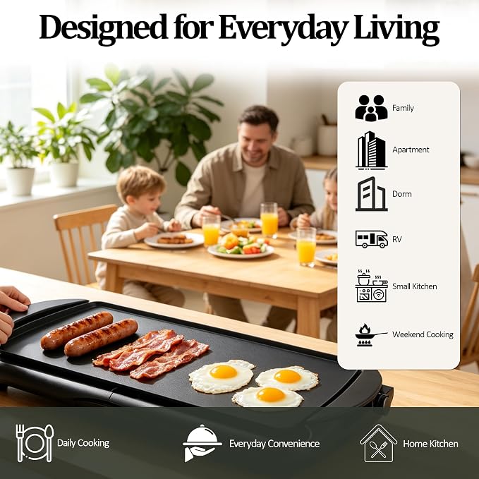 20" Electric Griddle, Ceramic Non-Stick Baking Pan Attemperation Griddle, 1400W Family-Sized Electric Skillet Extra Large Surface and Adjustable Temperature, Slide-Out Drip Tray, Black