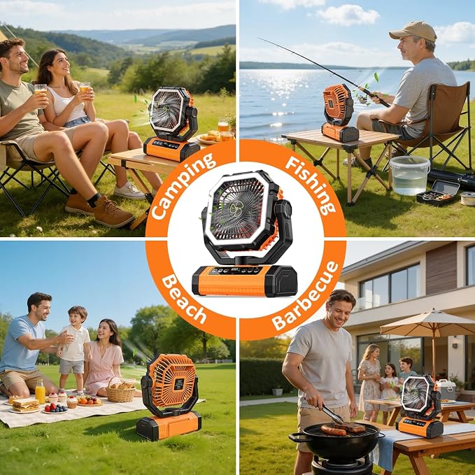 Camping Fan Rechargeable, 24000mAh Battery Powered Fan with Digital Display, 4 Speed Rechargeable Fans Portable with Remote, Cordless Battery Operated Fans with LED Light and Hanging Hook for Outdoor