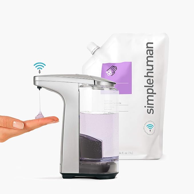 simplehuman 8 oz. Touch-Free Sensor Liquid Soap Pump Dispenser with Soap Sample, Brushed Nickel and simplehuman Slim Sink Caddy Sponge Holder, Brushed Stainless Steel