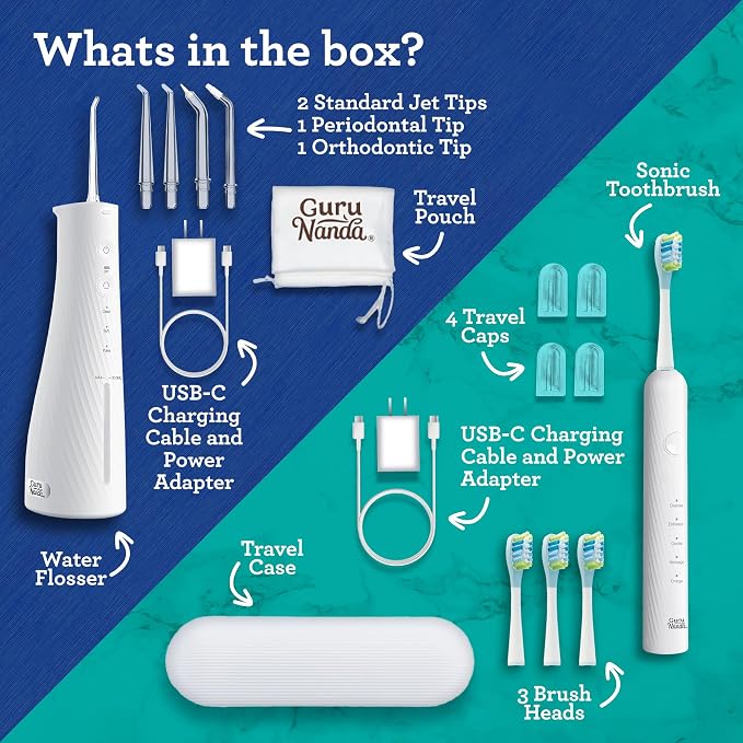 GuruNanda Lion & Lamb Kit 2.0, Electric Toothbrush with Water Flosser Combo, 4 Jet Tips, 4 Brush Heads, & IPX7 Waterproof Design for Complete Oral Care, White