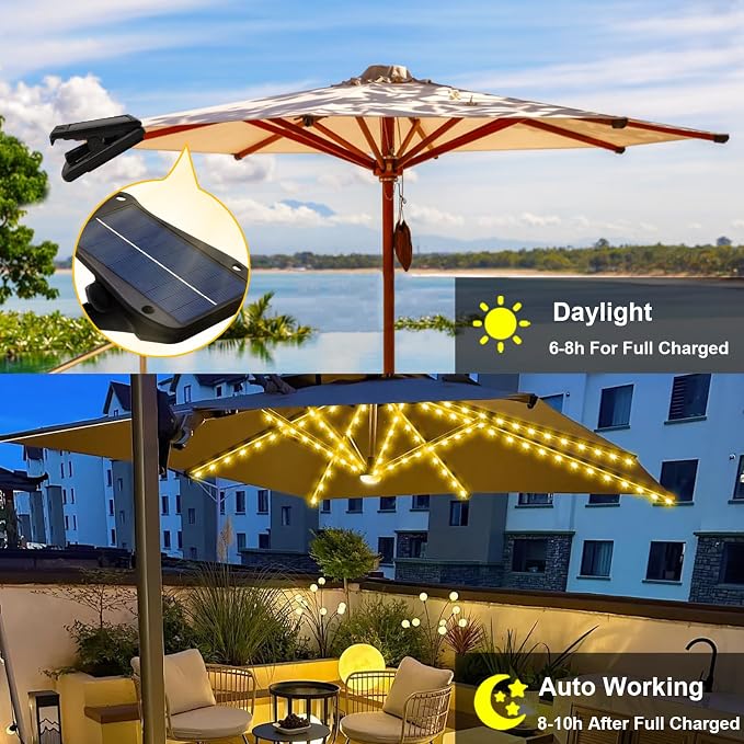 Patio Umbrella Solar Lights with 8 Lighting Modes - Upgraded Larger Solar Panel Clip 5V 152 LEDs Umbrella Lights Outdoor Waterproof for Patio Beach Tent Camping Garden Decor, Warm White