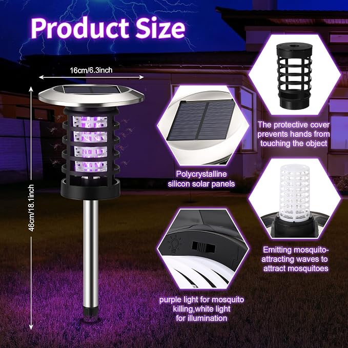 4 Pcs Solar Bug Zapper Outdoor Waterproof Mosquito Repellent Light Solar Power Fly Killer Lamps for Moths, Gnats, Fly, Small Flying Insect Backyard Garden Lawn (Plastic,Purple & White Light)