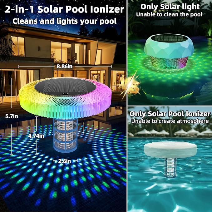 Solar Pool Ionizer Floating Light: Solar Powered Copper Ionizer with Remote Control IP68 Waterproof LED Swimming Pool Light for Above Ground & In-Ground Pools