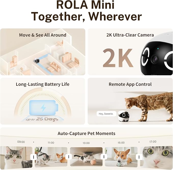 Enabot EBO ROLA Mini Pet Camera Robot: 2K FamilyBot Mobile Home Companion | Whole-Home Mobility, Two-Way Talk, Night Vision, Long Battery Life, Local Storage, Long Distance Gift