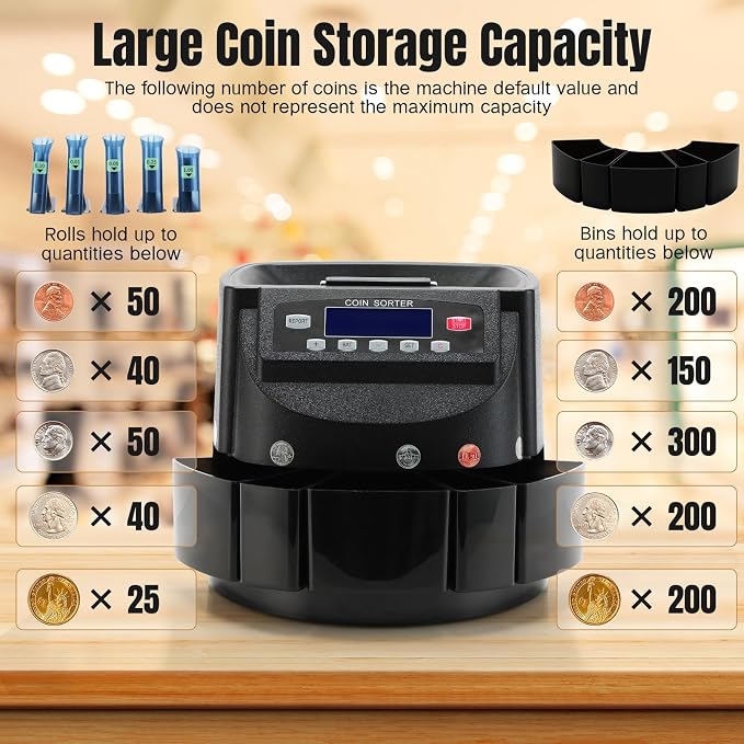Coin Counter 270 Coins/Min 300-Coin Capacity, USD Coin Sorter and Wrapper Machine with LCD Display, Automatic Change Counter for 1¢ 5¢ 10¢ 25¢ $1, Includes 5 Coin Bins, 5 Tubes & 5 Wrappers
