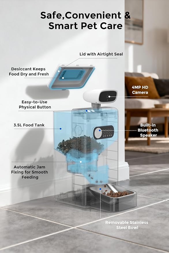 Teendow XLY-M1 Automatic Cat Feeder with Camera, 3.5L Cat Food Dispenser, AI Subscription Pet Feeder 4MP HD Video with Night Vision Timed Feeding Dry Food for Dog APP Control 5G WiFi