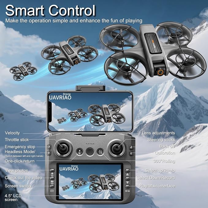 4.5-inch HD Screen Remote Control Drone with 2K Dual Cameras and Brushless Motor, Quadcopter with Propeller Guards, Auto Hover, 3D Flips, Follow-Me Mode, LED Night Lights, Two Batteries for 30 Minutes Flight Time, One-Key Takeoff/Landing — The Ideal Gi...