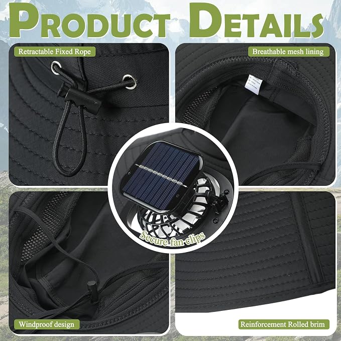 Berlune Sun Hat with 2 Solar Fan Wide Brim Fishing Bucket Hat USB & Solar for Men Women UPF 50+ Cooling for Fishing Beach