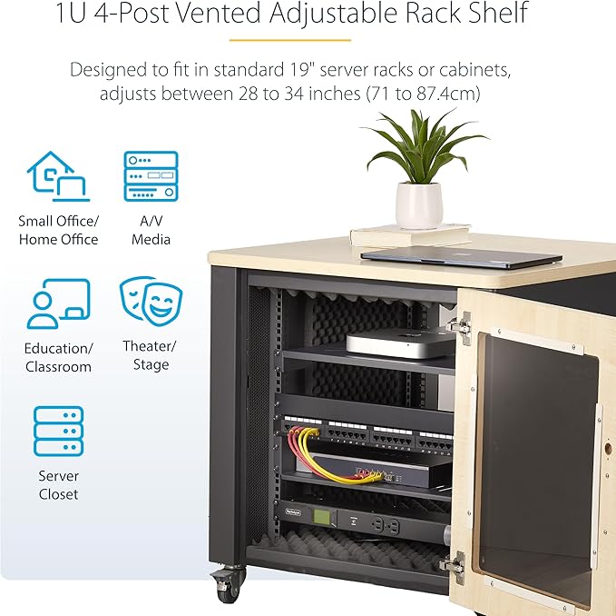 StarTech.com 1U 4-Post Server Rack Shelf, Vented, Adjustable Mounting Depth (28-34.4in/71.1-87.3cm), 150lb (68kg) Capacity, Black