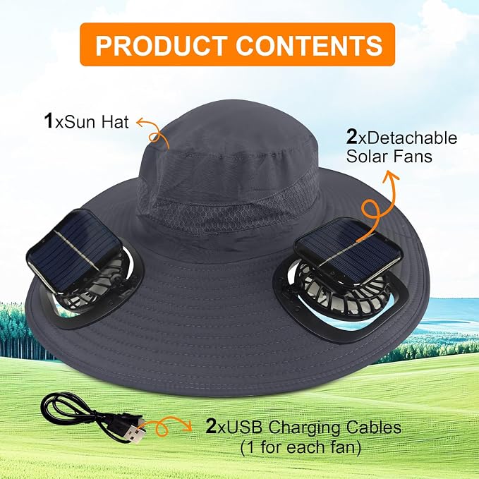 Solar Fan Hat Wide Brim Sun Hat with 2 Solar Fan, Solar Powered & USB Charging Hat Fishing Hat with Fan for Men