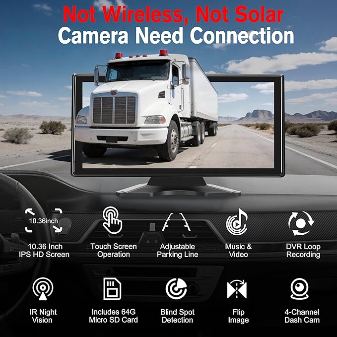 4 Channel Backup Camera System for Truck RV, 10.36” Touch Screen Monitor with 4 1080P Camera, Smart BSD Alert, DVR Loop Recording, IP69 Waterproof Night Vision Dash Cam for Trailer Camper, 64GB Card ﻿