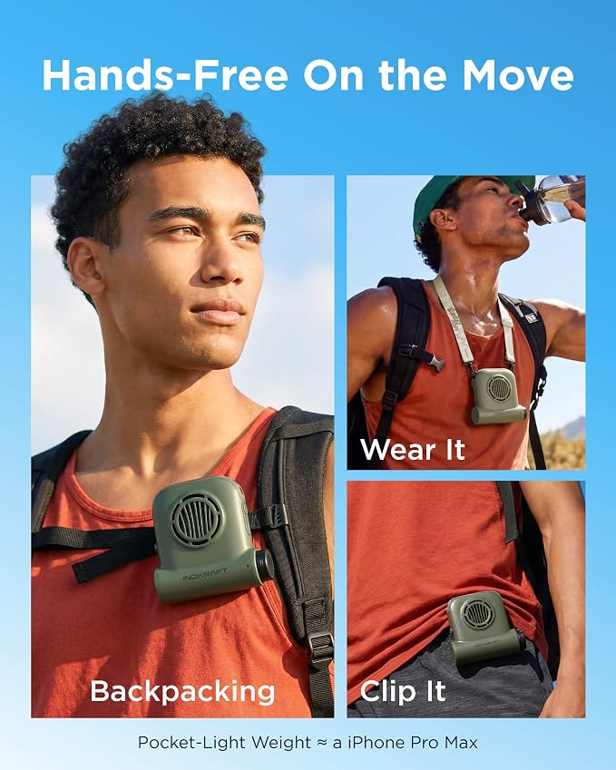InoKraft Hands Free Trail Fan, Portable Fan, 49ft/s Turbo Waist Fan Clip On Design, Portable Cooling Fan for Hiking, Camping & Outdoor Work, Moss Green, Battery Excluded