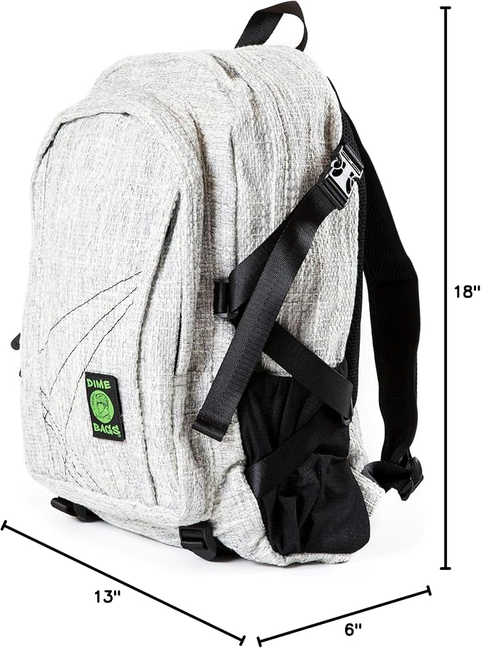 Dime Bags Backpack For Travel & School, Durable Hempster Material, 9 Storage Compartments & 2 Side Bottle Pockets, Fits 17” Laptop, Adjustable Padded Straps, Hidden Internal Pocket (Gray)