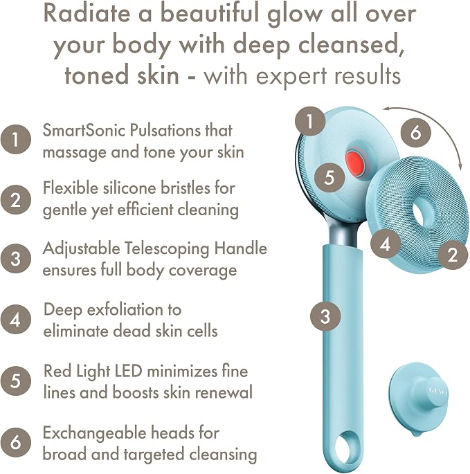 GESKE LED Sonic Full-Body Brush | 9 in 1 | Body Cleansing Brush & Intensive Exfoliator with LED | with SmartSonic Pulsations | Expert Deep Cleansing & Massage | Rough Skin Remover | Adjustable Handle