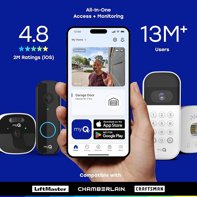 myQ Smart Garage Starter Kit: Garage Door Video Keypad + Rechargeable Battery + Wi-Fi Plug-in 2K Camera, Custom PIN Codes, Wide-Angle Lens, Night Vision, 2-Way Audio, Motion Alerts and App Control