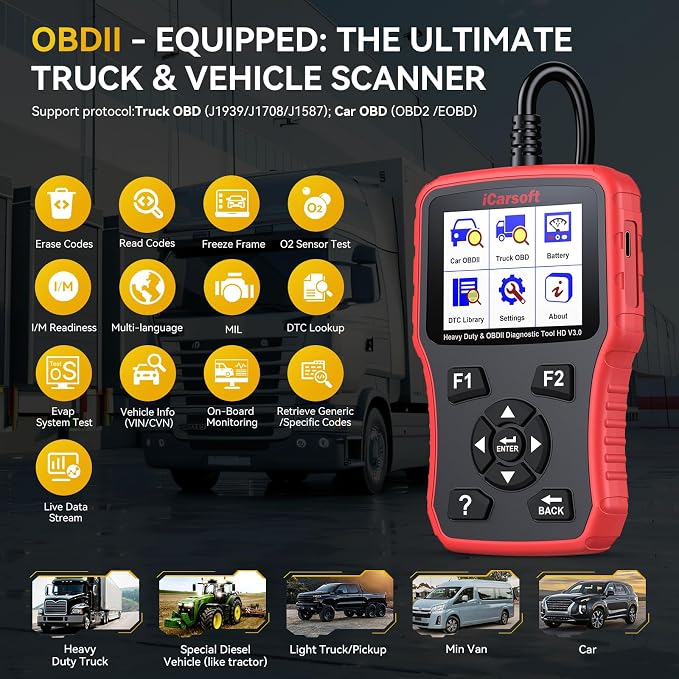 iCarsoft HD V3.0 Red Heavy Duty Truck Scanner All System Diesel Diagnostic Scan Tool for Cummins, Detroit, Freightliner, International, Paccar, Engine Code Reader for Truck & Car with Live Data