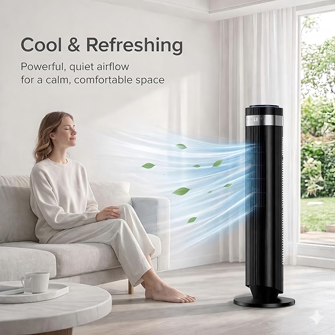 Tower Fan for Bedroom, Oscillating Bladeless Fan with Remote, 5 Speeds 4 Modes Quiet Fan 28dB, 22.3ft/s High Velocity,12H Timer, LED Display Cooling Fan Floor Standing Fan for Home Office, Dorm,Black