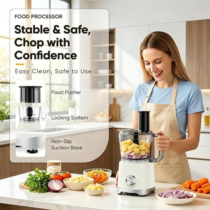 Simple Deluxe Food Processor 10.5 Cup, Multi-Functional Vegetable Choppers Food Grinder with Slicing Shredding Chopping Kneading, Suitable for Smoothie Fruit Dough, 2.6QT, White