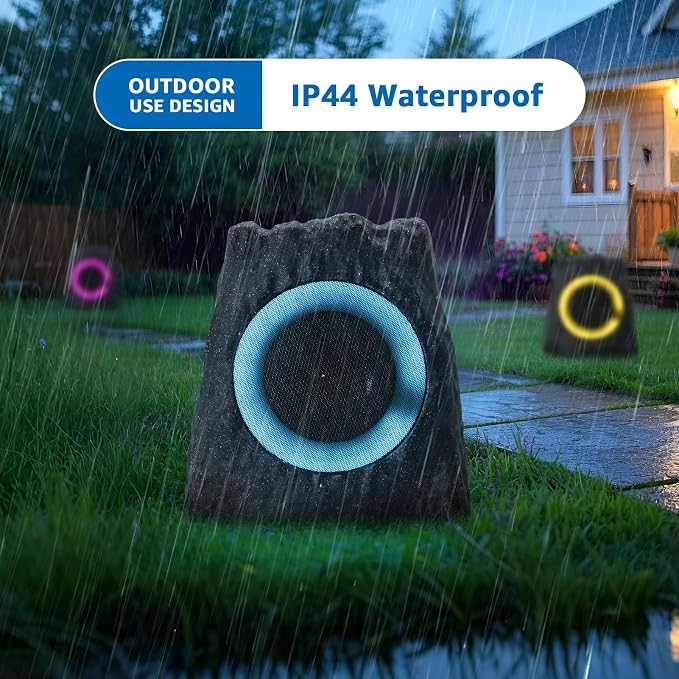 2-Pack Solar Powered Rock Speakers Outdoor Water-Resistant with 3 Mode Lights and Pair Function USB Rechargeable for Patio Garden Party Pool Outside