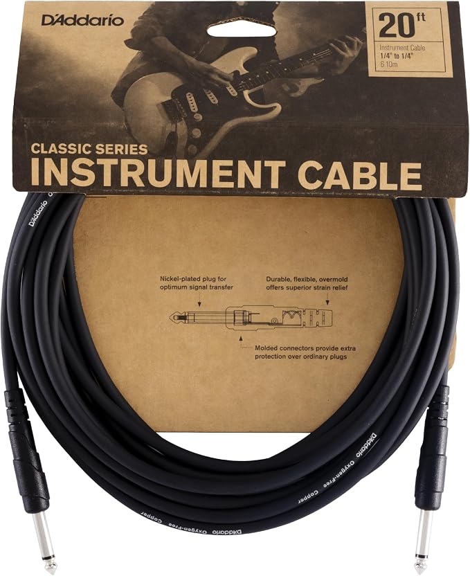 D'Addario Guitar Cable - Guitar Lead - 1/4 Inch Male to 1/4 Inch Male - Classic Series - 20 Feet/7.62 Meters - Straight Ends - 1 Pack