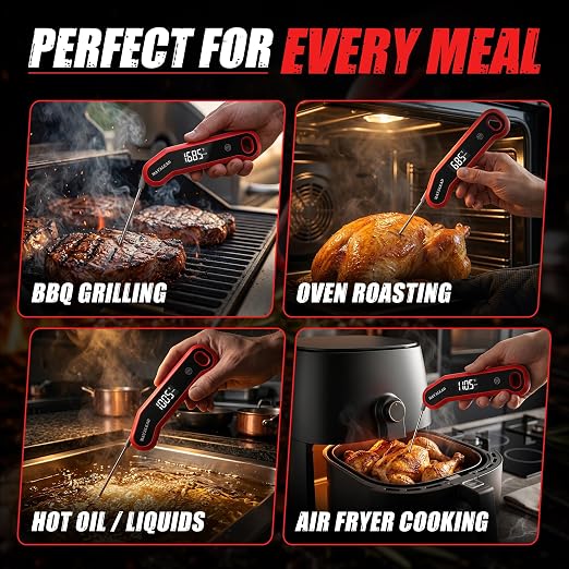 0.5 Sec Instant Read Meat Thermometer Digital Food Thermometer for Cooking Precise ±0.3℃, Magnet Store, Large Bright LED Display IP67 Waterproof BBQ Thermometer for Grill, Oven & Kitchen (Red)