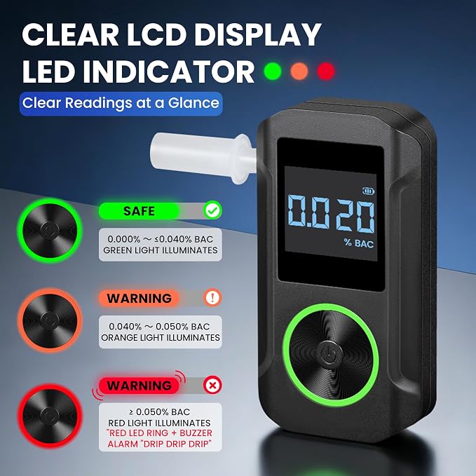VXF Breathalyzer, Portable Alcohol Breathalyzer Tester with LCD Display & Indicator Ring, Professional-Grade Accuracy, Includes 30 Replaceable Mouthpieces, for Personal & Party Use