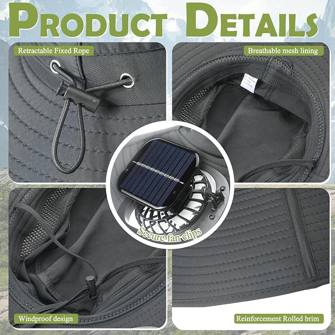 Berlune Sun Hat with 2 Solar Fan Wide Brim Fishing Bucket Hat USB & Solar for Men Women UPF 50+ Cooling for Fishing Beach