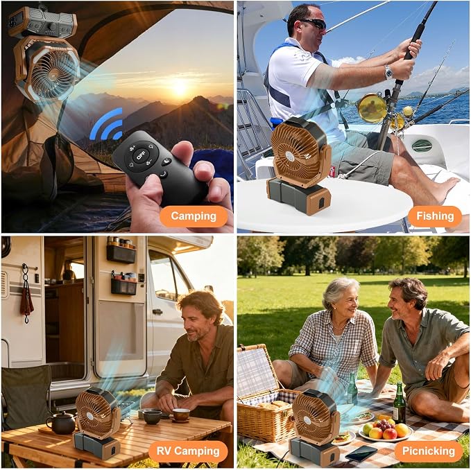 Odoland 40000mAh Camping Fan with LED Light, Battery Operated Oscillating Desk Fan with Remote & Hook, Rechargeable Outdoor Tent Fan with Timer for Hurricane Power Outage Travel Jobsite RV, Khaki
