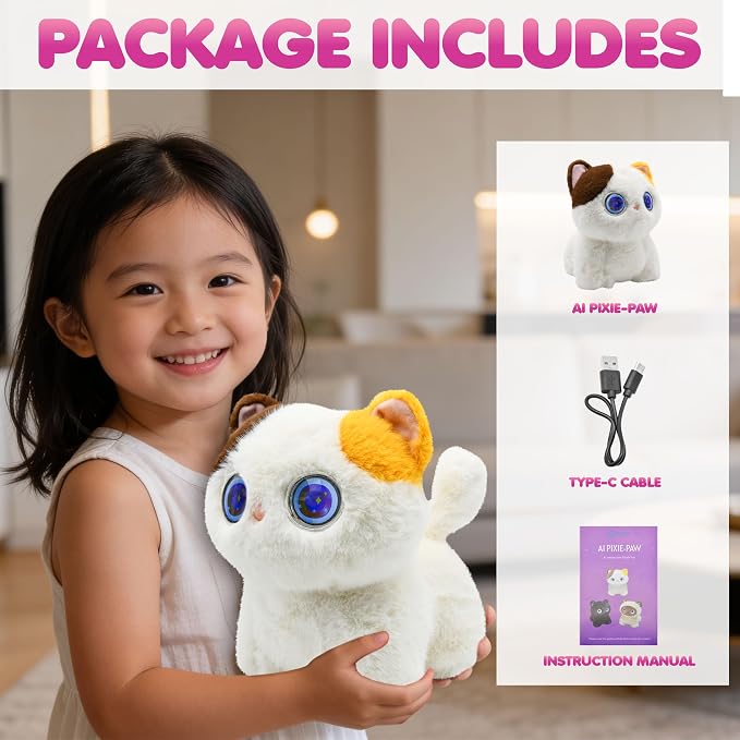 Contixo AI Pixie-Paw Smart Interactive Plush Cat – Voice-Responsive, Touch-Activated, Expressive Eyes, AI Companion Stuffed Animal for Kids & Pet Lovers, White