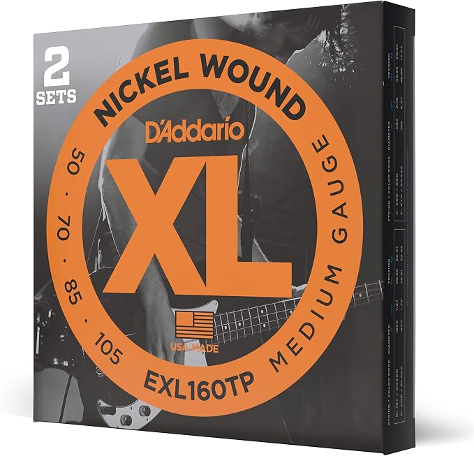 D'Addario Electric Bass Guitar Strings, XL Nickel, EXL160TP, Medium Gauge 50-105, Long-Scale, 4-String Set, Pack of 2