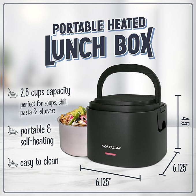 Nostalgia Portable Heated Lunch Box – 2.5-Cup Stainless Steel Food Warmer – Detachable Cord, Leak-Proof Lid, Carry Handle – Portable for Work & Travel – Black Berry