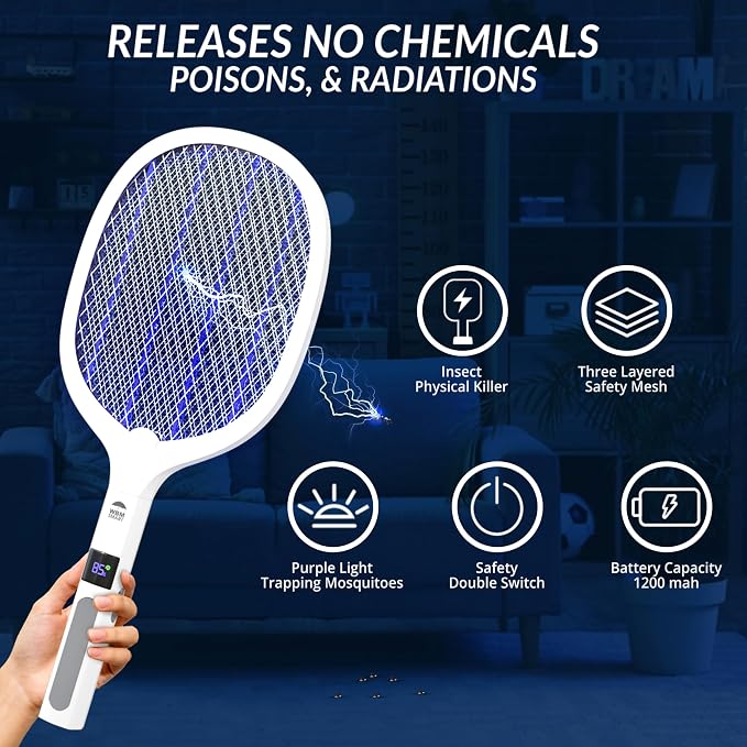 WBM SMART 2 in 1 Electric Bug Zapper, Mosquitoes Trap Lamp & Racket, USB Rechargeable Electric Fly Swatter for Home and Outdoor Powerful Grid 3-Layer Safety Mesh Safe to Touch, Pack of 2