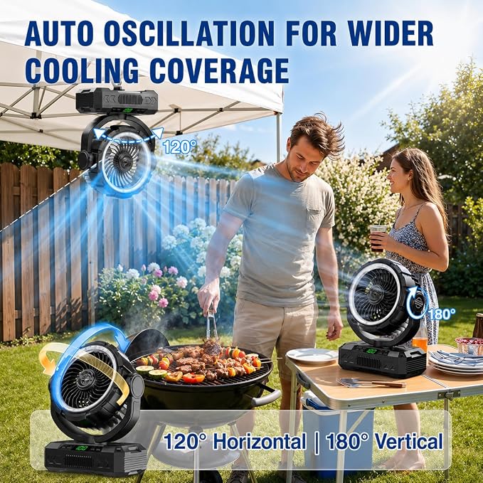 Rechargeable Solar Powered Camping Fan & Auto Oscillating, 【60H Runtime】Battery Powered Fan, Portable Outdoor Fan,5 Speeds,3 Lights,12H Timer for Travel, Fishing,Jobsite,Beach,Camping Essential