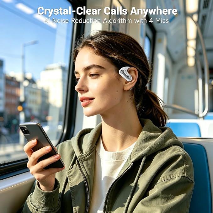 Open Ear Headphones, Bluetooth 5.4 Wireless Earbuds with Ear Hooks, 60H Playtime, AI Clear Call, LED Display Charging Case, IPX7 Waterproof Sports Earphones for Running Workouts Commute, White