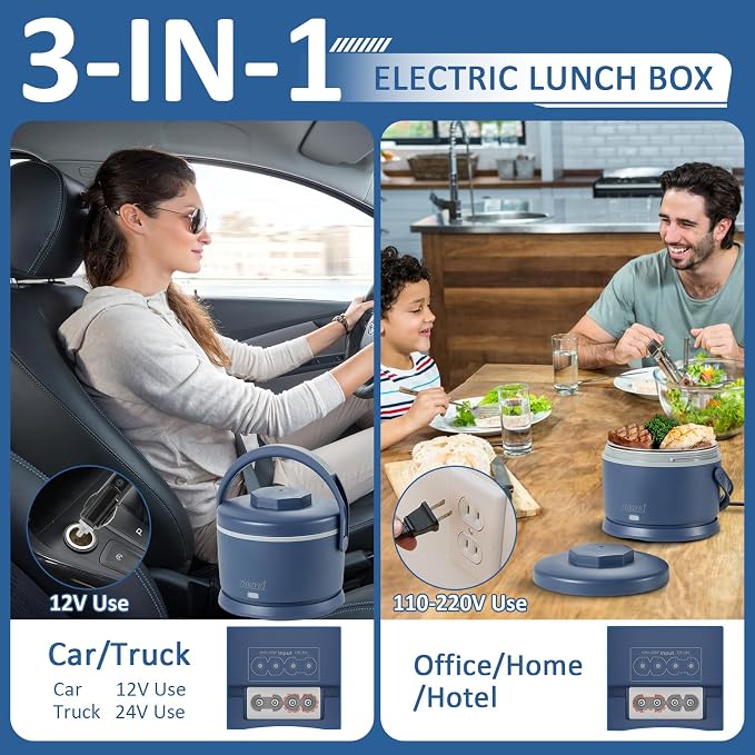 Electric Lunch Box for Adults 40 oz Portable Food Warmer 12V/24V/110V/220V Heated Lunch Box for Work, Office, Car, Travel, Home Use (Blue)