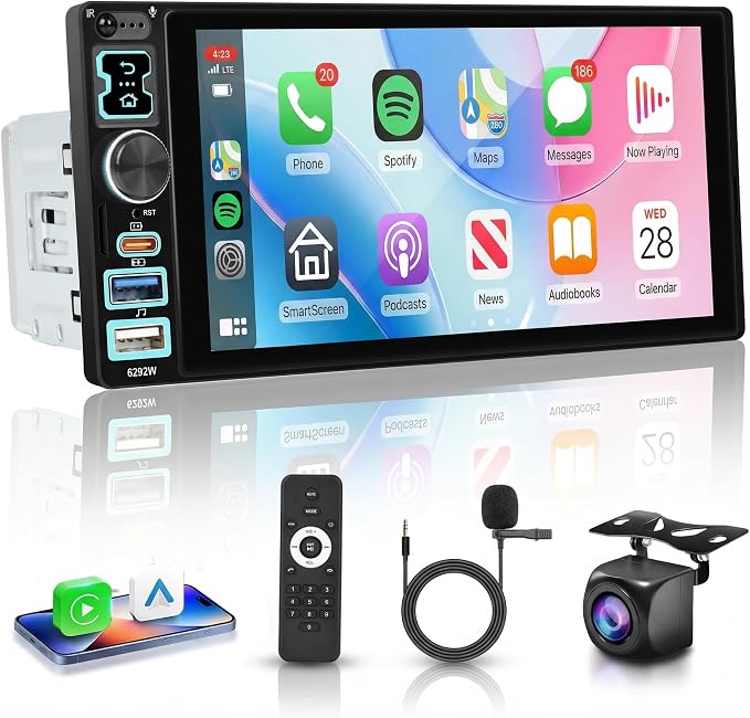 6.8" IPS Touch Screen Single Din Car Stereo, Wireless CarPlay Android Auto, Bluetooth 5.2 Handsfree Call, FM Radio EQ, Backup Camera, SWC, USB & Type-C