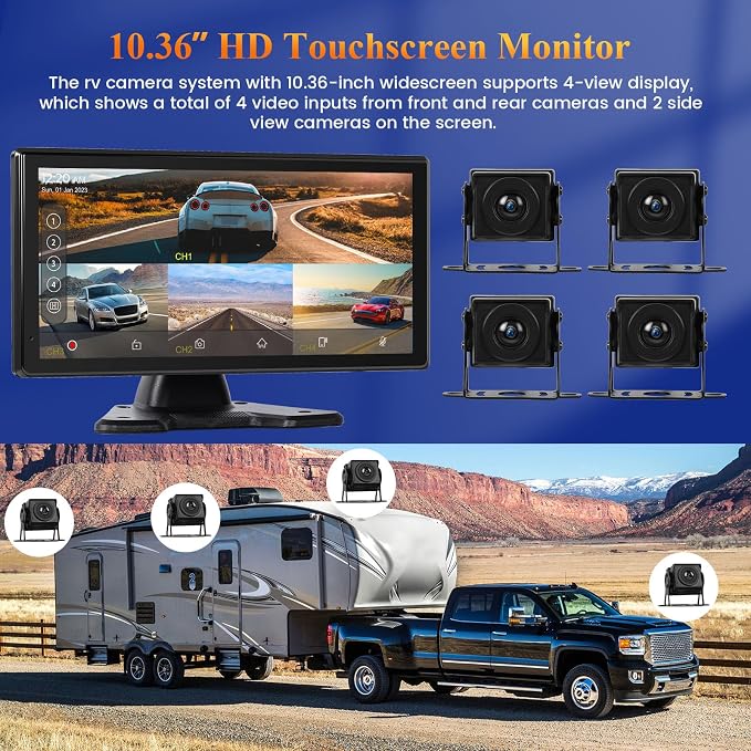 Inefala 4K RV Backup Camera System with Wireless CarPlay Android Auto, 10.36" Quad Split Touch Screen Monitor with 4 AHD Rear View Camera, DVR Loop Recording IP68 Waterproof Night Vision