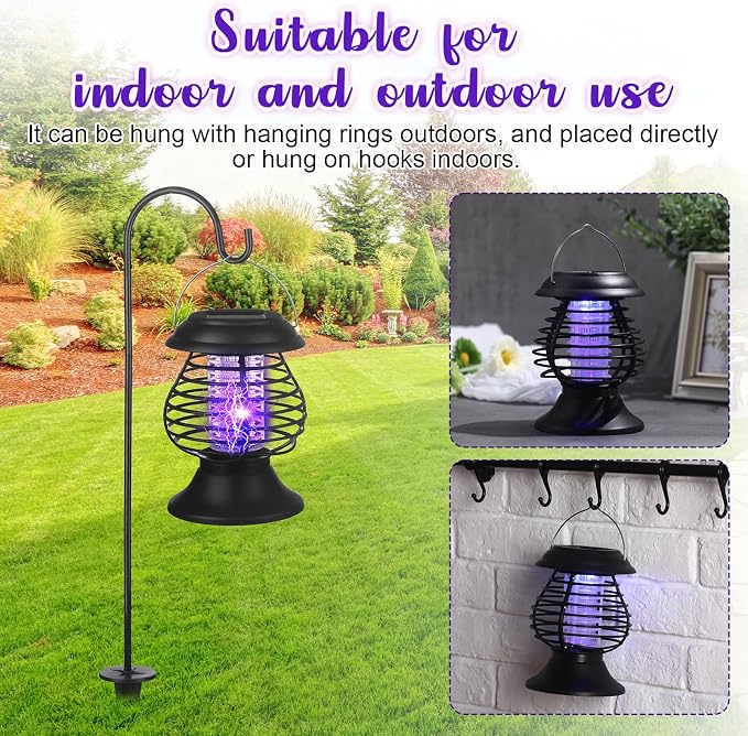 Qualirey 4 Pcs Outdoor Waterproof LED Solar Bug Zapper 2 in 1 Hanging Mosquito Zapper Mosquito Killer Outdoor Cordless Garden Waterproof Fly Insect Killer for Backyard Farm Patio