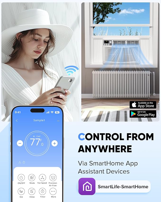 8000 BTU Window Air Conditioner with WiFi, 3 in-1 Energy Saving Window AC Unit with Remote & App Control & Timer Function & Easy Install Kit, Cools 350 Sq.Ft. for Bedroom, Living Room, White