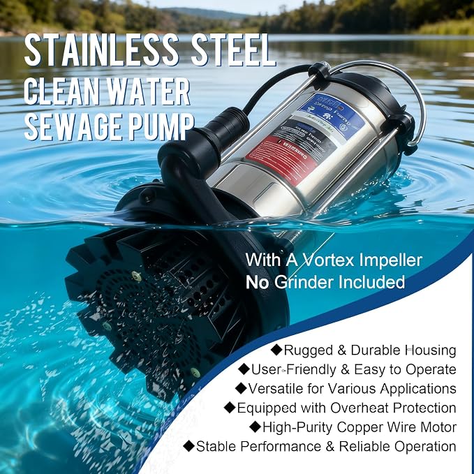 1.0HP Submersible Sump Pump Automatic Water Pump w/High Flow 4200 GPH 28ft Max Head, Irrigation, Swimming Pool, Garden Pond, Basement, Wells, 26ft Power Cord Stainless Steel(1HP/28FT)