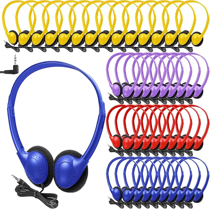 Frienda 48 Pack Classroom Headphones Bulk, Wired School Headsets for Students, Stereo Headphones with 3.5 mm Plug for Classroom, Online Learning, Library(Classic,Navy, Red, Yellow, Purple)