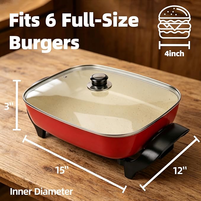 15'' Ceramic Nonstick Electric Skillet with Tempered Vented Glass Lid,Thermostat Control to Prevent Overheating,Removable Easy-to-Clean,Vibrant Red