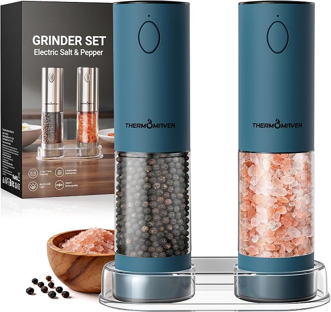 ThermoMaven Electric Salt and Pepper Grinder Set, 110ml Larger Rechargeable Automatic Salt and Pepper Mill Grinder with 6 Adjustable Coarseness, Electric Salt and Pepper Shakers, LED, Navy Blue